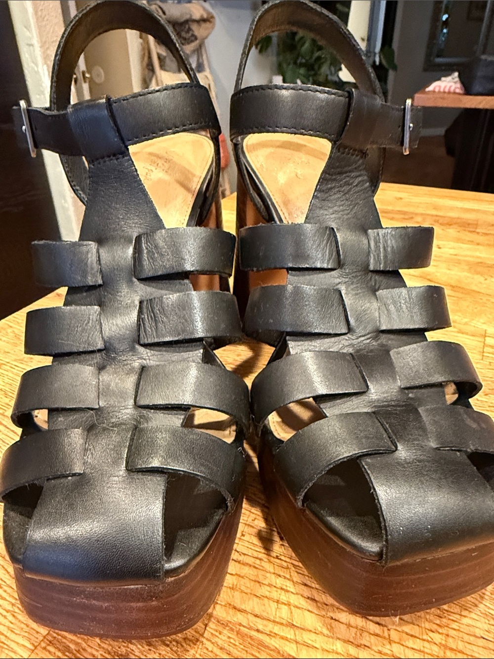 Crown Vintage Black Leather Fisherman Platform Sandals